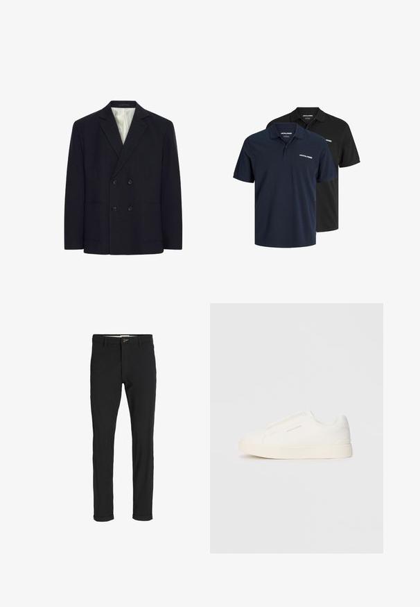 Divu rindu melna blazer ar četriem pogām, iegrieztām atloki, divām priekšējām kabatām un baltas svītrainas iekšējās oderes.; Divi polo krekli: viens tumši zils ar baltu logotipu un otrs melns. Abiem ir klasiskā apkakle un īsas piedurknes, tie izgatavoti no viegla auduma.; Melnas kokvilnas maisījuma bikses ar šauru piegriezumu, ar pogu aizdari, kabatām un rullētām piedurknēm ikdienišķam izskatam.; Baltas slip-on sporta apavi ar teksturētu virsmu, biezu zoli un minimālistisku dizainu. Sānos redzams zīmola logotips.
