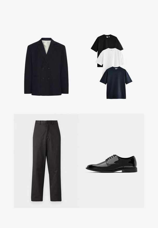Dobbeltbrystet sort blazer med fire knapper, slåede klapper, to frontlommer og hvidstribet foring.; Tre kortærmede t-shirts stablet: en sort, en hvid og en navy. Lavet af bomuld med rund hals og afslappet pasform.; Sorte bukser lavet af en blanding af bomuldsstof, med lige ben-udformning, frontlommer og et standard taljebånd med bæltestropper.; Sort lakeret dresssko med en afrundet tå, snørebåndsdesign og glat, skinnende overflade. Har en lavprofils gummisål.