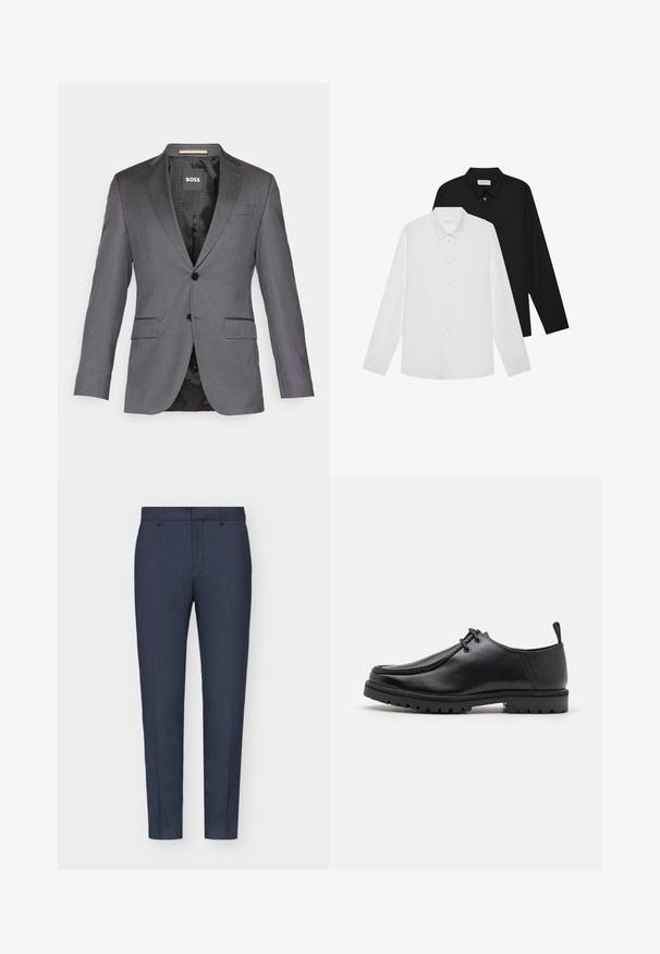 Grijze getailleerde blazer met een notch revers, twee voorkruiken, een enkele knoopsluiting en zwarte voering met een subtiel patroon.; Witte en zwarte langemouwen shirts met puntige kraag, knopen aan de voorkant en een gladde stoftextuur. Labels zichtbaar aan de binnenkant van de hals.; Marineblauwe op maat gemaakte broeken met een gladde textuur, slim fit, centrale plooi en riemlussen. De stof heeft een subtiel geweven patroon.; Zwarte leren veterschoen met een robuuste zool en een aantreklip aan de achterkant, van opzij getoond op een witte achtergrond.