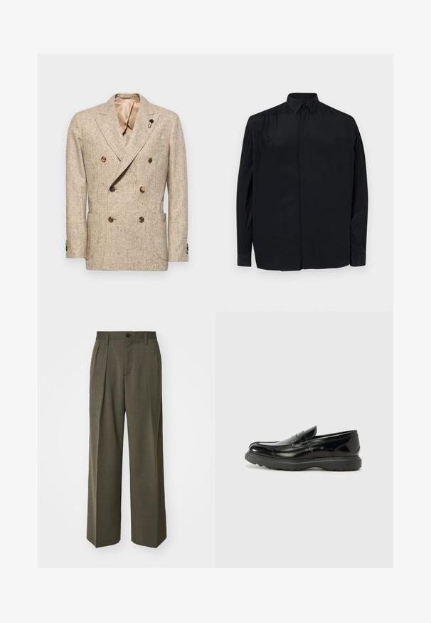 Bež dvojredni sako iz teksturiranega materiala, z velikimi rjavimi gumbi in svilenim podloženjem. Vključuje dekorativno črno sponko.; Črna dolgoseda majica iz gladkega blaga, s klasičnim ovratnikom, zapenjanjem z gumbi in udobnim krojem s prirezanimi rokavi.; Filippa K WIDE TROUSERS - Hlače - driftwood; Črne usnjene loafer čevlje z sijajno obdelavo, okroglo špico, subtilnimi šivi in debelim gumijastim podplatom za trajnost.