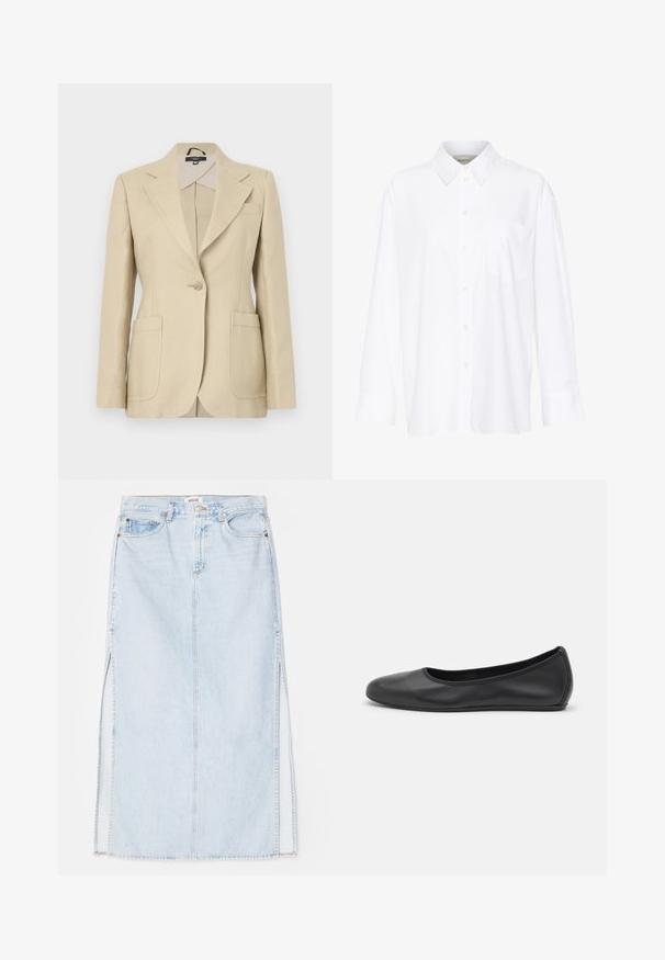 Bežový prispôsobený blejzer s vykrojeným golierom, jedným gombíkom na zapínanie a dvomi prednými vreckami. Vyrobený z tkaniny s hladkou textúrou.; Biela košeľa s dlhým rukávom a golierom vyrobená z bavlny. Má zapínanie na gombíky vpredu a jednu náprsníku vrecko. Hladká textúra, voľný strih.; Svetlo modrá dlhá riflová sukňa so strihom na rovno, s bočnými rozparkami a dizajnom s piatimi vreckami. Výrazné prešívanie a kovový zips na zapínanie.; Čierne kožené baleríny s okrúhlou špičkou, hladkým povrchom, minimálnym prešívaním a flexibilným dizajnom podrážky.