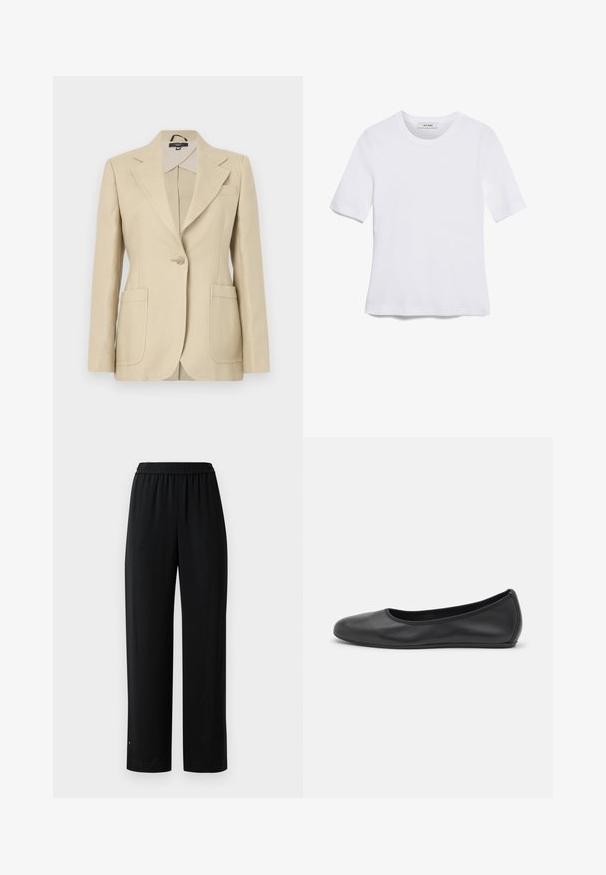 Sacou bej, croit, cu rever de tip notch, închidere cu un singur nasture și două buzunare frontale. Fabricat dintr-un material țesut cu o textură netedă.; Tricou alb cu mânecă scurtă, confectionat dintr-un material texturat. Gât rotund, tăietură regulară și detalii subtile de cusătură. Fără modele sau grafice.; Pantaloni negri cu un croi larg, confecționați dintr-un material neted, cu un brâu elastic. Au un tăietură dreaptă și un detaliu minimalist. Sunt potriviți pentru purtarea zilnică.; Balerini din piele neagră, cu vârf rotund, textură netedă, detalii de cusătură minimale și un design al tălpii flexibil.