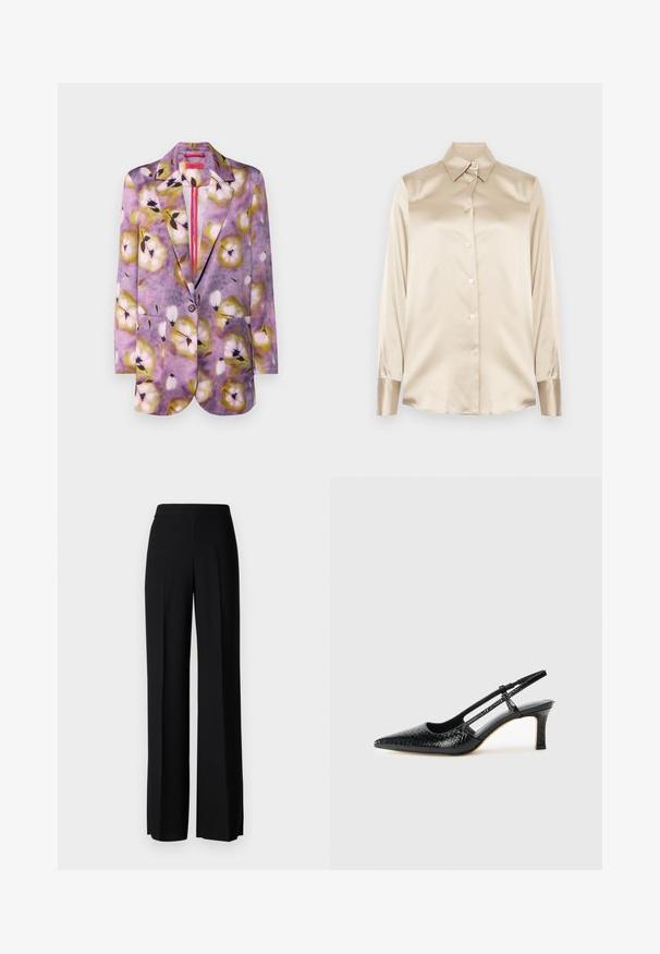 Tlačený blejzer s kvetinovým vzorom v purpurovej, žltej a bielej farbe. Obsahuje dve predné vrecká a zapínanie na jeden gombík.; Béžová saténová košela s špicatým golierom, dlhými rukávmi, zapínaním na gombíky a manžetami v mierne lesklejšom prevedení. Bez vzorov alebo akcentov.; Čierne široké nohavice s hladkým povrchom, s vysokým pásom a stredovými skladmi. Žiadne viditeľné vzory ani hardvérové detaily.; Čierne patentové slingback topánky na ihlovom podpätku s špicatou špičkou, s textúrovaným hadím vzorom, nastaviteľným popruhom a krátkym, textúrovaným blokovým podpätkom.