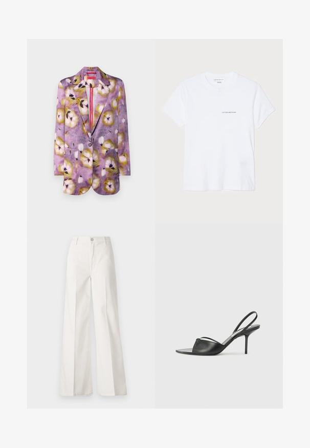 Blazer stampato con motivo floreale in tonalità di viola, giallo e bianco. Presenta due tasche frontali e una chiusura con bottone singolo.; T-shirt bianco in cotone con maniche corte, scollatura rotonda e un piccolo logo nero "VICTORIA BECKHAM" sul petto. Design minimalista.; Pantaloni bianchi a gamba larga realizzati in cotone con una texture liscia. Presentano un bottone anteriore, una zip e un design a quattro tasche.; Tacchi slingback in pelle nera con punta affusolata, sottile cinturino alla caviglia e tacco a spillo. Presenta un dettaglio annodato sulla tomaia.