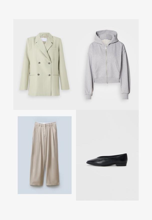 Dobbeltradet blazer i lysegrønn stoff. Har med noterte klaffer, en brystlomme, og to frontlommer med mørke knapper.; Kuttet grå hettegenser laget av myk stoff, med glidelås foran, stor hette og to frontlommer med elastiske mansjetter.; Hvit krage omslagsbluse laget av glatt stoff, med kort erme og samlet detaljering i livet for en avslappet passform.; Beige vidde bukser med en teksturert overflate, som har to sidelommer, frontplisseringer og en midjebånd for sikker passform.; Sorte skinn flate sko med spiss tå, lett hevet hæl og glatt overflate. Enkelt design uten synlig hardware eller mønstre.