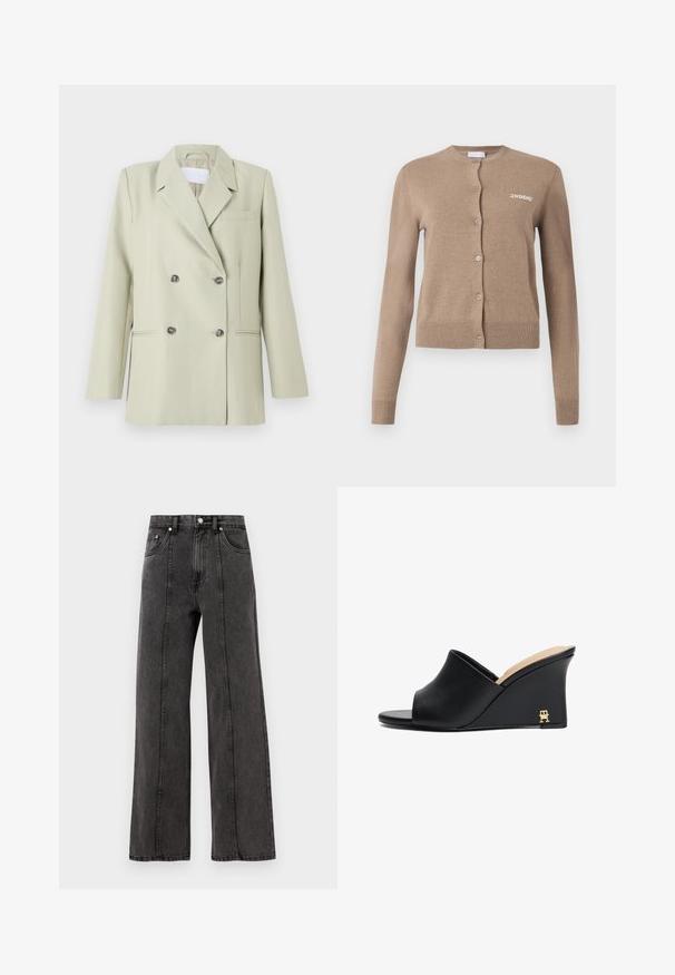 Dubbelzijdig blazer in lichtgroene stof. Voorzien van revers, een borstzak en twee voorzakken met donkere knopen.; Beige gebreide cardigan met lange mouwen, ronde halslijn en knoopsluiting. Heeft een geribde zoom en manchetten, met "2ND DAY" geborduurd op de voorkant.; Mouwloze grijze geribbelde tanktop met een ronde halslijn en een rechte zoom, met een gestructureerde stof en subtiele naden op de schouders.; Zwarte denim wijde broek met een hoge taille, voorzien van voorzakken, zichtbare stiksels en een nette afwerking. Geen versieringen of slijtage.; Zwarte leren wedge slidesandalen met open teen en gebogen ontwerp, met een gouden metalen accent op de hak. Gladde textuur.