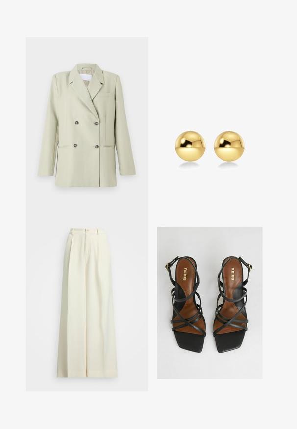 Blazer de doble botonadura en tejido verde claro. Presenta solapas con muesca, un bolsillo en el pecho y dos bolsillos frontales con botones oscuros.; Camisa blanca de manga larga y cuello hecha de algodón. Presenta un cierre de botones en la parte delantera y un bolsillo en el pecho. Textura suave, ajuste relajado.; Pantalones de pierna ancha en tejido blanco roto, con cintura alta, pinzas dobles y cierre de botón. Textura suave y diseño a medida.; Sandalias de tacón negro con múltiples tiras estrechas, punta cuadrada, plantillas marrones y un detalle de hebilla dorada en la correa del tobillo.; Pendientes esféricos de color dorado con una superficie brillante y reflectante. El diseño es simple y suave, creando un aspecto moderno y minimalista.