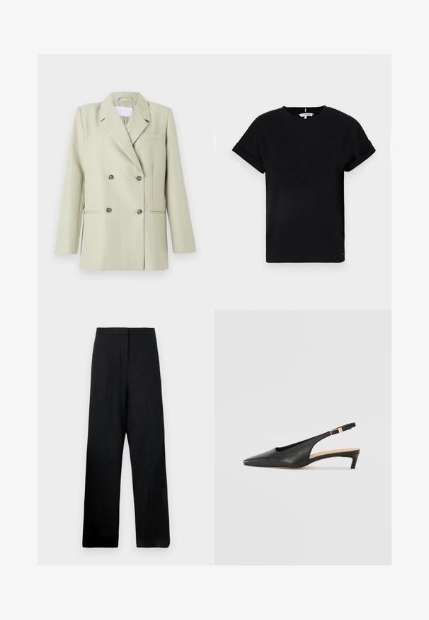 Blazer croisé en tissu vert clair. Présente des revers crantés, une poche poitrine et deux poches avant avec des boutons foncés.; T-shirt en coton noir avec des manches courtes roulées, ornée d'un logo en relief au centre et d'un petit accent drapeau sur le côté.; Pantalons larges noirs en tissu léger. Présentent une texture lisse, une taille haute et des détails de couture minimaux.; Talons aiguilles en cuir noir à bride arrière, avec un bout pointu, un talon bas et une sangle de cheville réglable dotée d'une boucle dorée. Texture lisse.