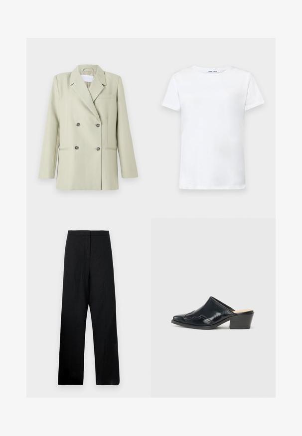 Blazer croisé en tissu vert clair. Présente des revers crantés, une poche poitrine et deux poches avant avec des boutons foncés.; T-shirt blanc à manches courtes en coton avec un col ras du cou. Texture lisse et coupe droite, sans motifs ni accents.; Pantalons larges noirs en tissu léger. Présentent une texture lisse, une taille haute et des détails de couture minimaux.; Mules en cuir verni noir avec un bout pointu, un design courbé et un petit talon bloc, ornés de piqûres décoratives sur le dessus.
