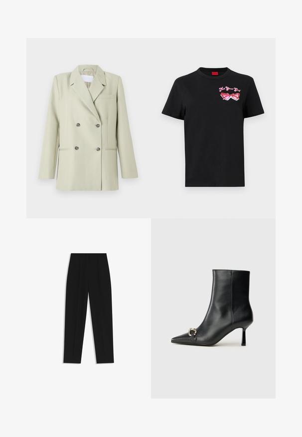 Doppeltknopfblazer aus hellgrünem Stoff. Mit Reverskragen, einer Brusttasche und zwei Fronttaschen mit dunklen Knöpfen.; Schwarzes Baumwoll-T-Shirt mit kurzen Ärmeln, das auf der linken Brustseite eine pinkfarbene Grafik von Sonnenbrillen und den Text "Not Your Girl" zeigt.; Schwarze Hose mit geradem Schnitt, doppelten Falten, einer glatten Textur und einem klassischen Bunddesign. Keine sichtbaren Beschläge oder Akzente.; Schwarze Leder-Stiefelette mit spitzer Zehe, schlankem, mittelhohem Absatz und silberner Schnalle seitlich vor einem schlichten Hintergrund.