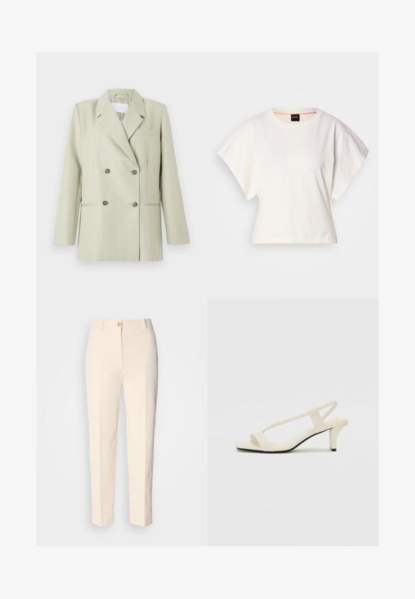 Dobbeltknappet blazer i lys grøn stof. Har notched revers, en brystlomme og to forlommer med mørke knapper.; Hvid cropped T-shirt, korte brede ærmer, blødt bomuldsstof, rund halsudskæring med diskret orange kant, minimalistisk design uden mønstre eller grafik.; Cremefarvede, højtaljede bukser lavet af tekstureret stof. Har en lukning med knap foran og tætsiddende ben.; Beige blokhælede sandaler med tynde remme og en firkantet tå. Glat materiale med minimal detaljering, designet til nem brug.