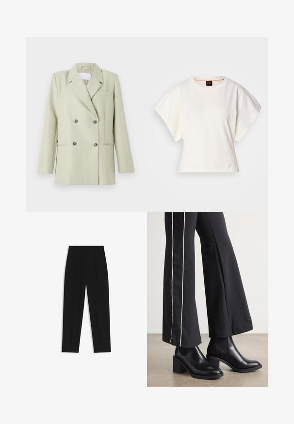 Dobbeltknappet blazer i lys grøn stof. Har notched revers, en brystlomme og to forlommer med mørke knapper.; Hvid cropped T-shirt, korte brede ærmer, blødt bomuldsstof, rund halsudskæring med diskret orange kant, minimalistisk design uden mønstre eller grafik.; Sorte bukser med lige pasform, der har dobbelte folder, en glat tekstur og et klassisk taljedesign. Ingen synlige hardware eller accenter.; Sorte læder ankelstøvler med blokhæle, udstyret med elastiske sidepaneler. Kombineret med sorte bukser, der har en hvid side stripe.