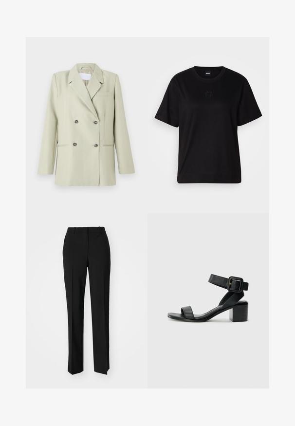 Švarkas su dvigubu užtrauktuku šviesiai žaliai medžiagai. Savybės: įpjovos apykaklės, krūtinės kišenė ir dvi priekinės kišenės su tamsiais mygtukais.; Juodas medvilninis marškinėliai su apvalia iškirpte, trumpomis rankovėmis ir siuvinėjimu ant krūtinės. Paprastas, laisvas siluetas be raštų.; Juodi pritaikyti kelnių modeliai su tiesiomis kojomis, pasižyminčios lygiomis tekstūromis ir ryškiomis klostėmis priekyje. Nėra matomų detalių.; Juodas odinis su aukštu kulnu sandalų modelis su reguliuojamu kulkšnies dirželiu, atvirais pirštais ir kvadratiniu bloku kulnu. Lygus paviršius, minimalizmo stilius.