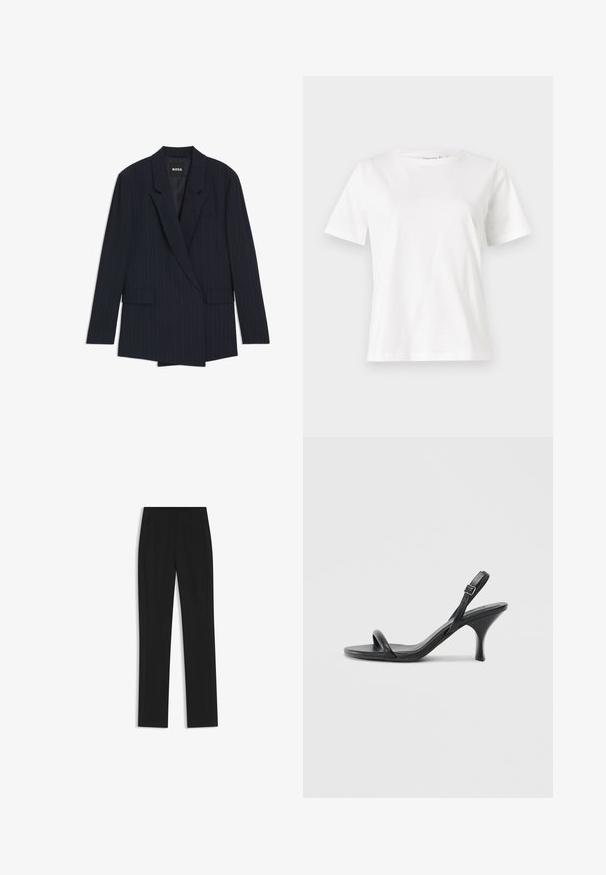 Marinblå kavaj med smala ränder, skräddarsydd design, dubbelknäppt stängning, V-formade slag och två framfickor. Mjuk tygstruktur.; Vit bomullströja med korta ärmar, rund halsringning och en avslappnad passform. Slät textur, inga mönster eller detaljer, minimalistisk design.; Svarta skräddarsydda byxor med rak bendesign, som har framfickor och ett slätt, strukturerat tyg. Prydlig, minimal detaljer.; Svarta läder högklackade sandaler med en smal, böjd klack och ett korsat remdesign. Justerbar ankelrem. Slät textur.