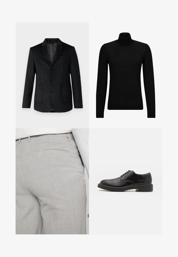 Blazer noir avec revers cranté, trois boutons à l'avant, deux poches latérales et des détails de couture ton sur ton à l'avant. Texture douce et lisse.; Pull à col roulé noir en matériau doux, avec des manches longues et une coupe ajustée. Finition côtelée au bas et aux poignets. Design simple.; Pantalon gris clair sur mesure en tissu texturé, avec une seule poche arrière et des coutures nettes.; Chaussure noire en cuir à lacets avec un embout arrondi, texture lisse, piqures minimales et un petit talon en caoutchouc. Logo sur le talon.