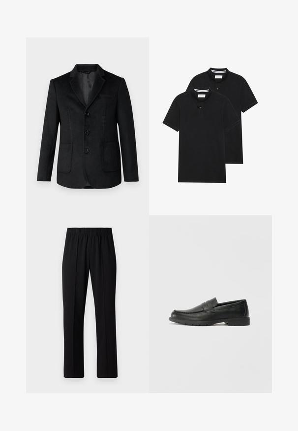 Musternahk ja sisselõigatud kraega must bleiser, millel on kolm esikäepidet, kaks küljetaskut ja tooniühtlased õmblused ees. Pehme, siledapind.; Kaks musta polo särki, lühikeste varrukatega, puuvillane materjal, klassikalise kraega, kahe nupuga kinnitusega, valgete triipudega krae sisepinnal.; Mustad, elastse puusärgid sirge säärega, mis on sileda tekstuuriga ja ilma nähtavate mustrite või riistadega.; Musthave nahkkingad siledast nahast, mokassiini stiilis ülevalt, tikanditega ja kummist tallaga. Klassikaline disain madala kontsaga.