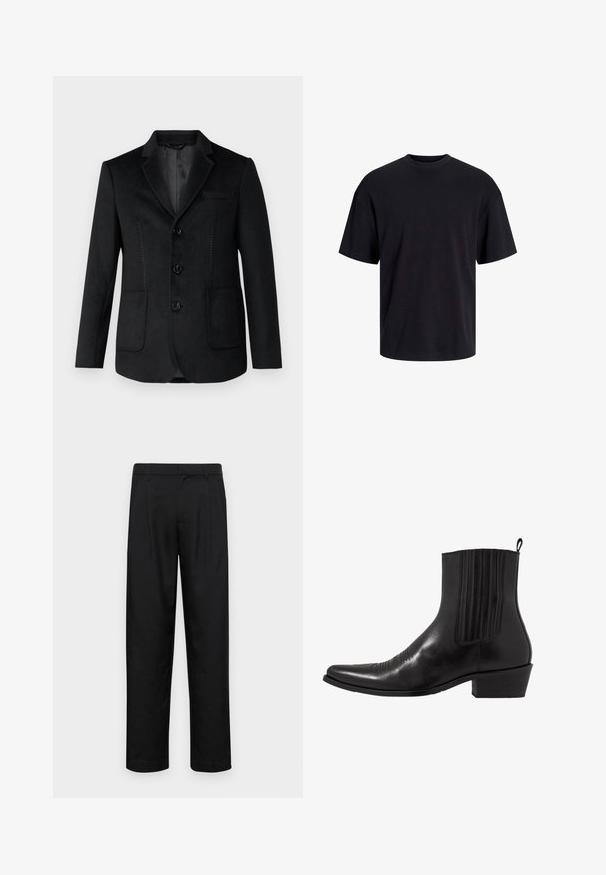 Melna žakete ar iedziļinātu atloku, trim priekšējiem pogām, divām sānu kabatām un tonāliem šuvju detaļām priekšpusē. Mīksta, gluda tekstūra.; Melns kokvilnas T-krekls ar apaļu kakla izgriezumu, īsām piedurknēm un brīvu piegriezumu. Gluda tekstūra un nav redzamu rakstu vai akcentu.; Melnas bikses, izgatavotas no gludas auduma, ar taisnu kāju dizainu, divām priekšējām krokām un standarta jostu, kurai ir āķi.; Melna ādas potītes zābaku ar norādītu pirkstu, elastīgām sānu daļām, vertikālām šuvēm un zemu blokveida papēdi.