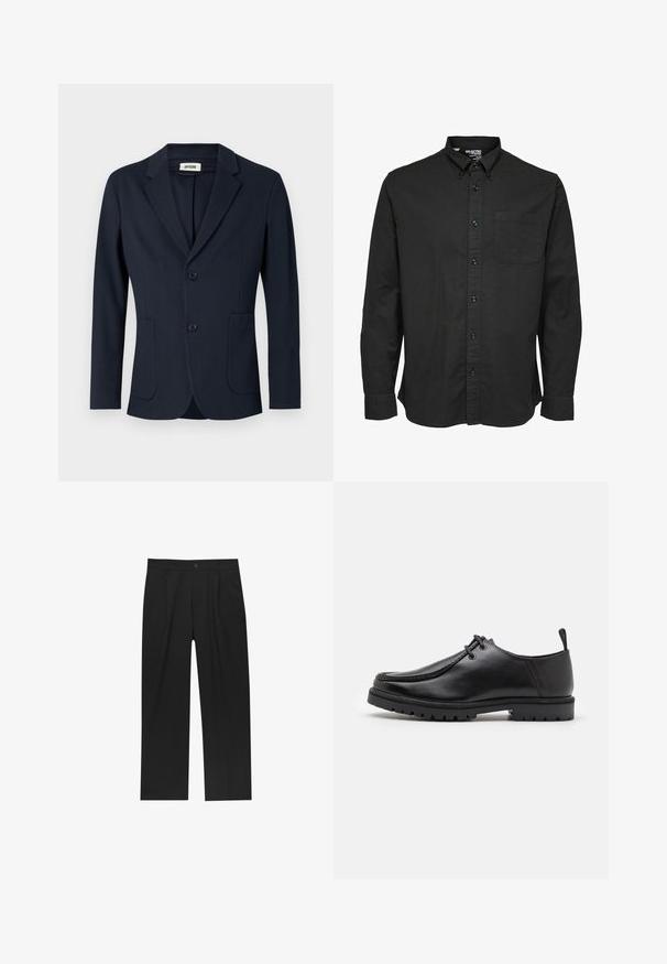 Marineblauwe op maat gemaakte blazer met gekapte revers, twee voorzakken en twee knopen. Kenmerkt zich door een gladde stof en een gestructureerde pasvorm.; Zwarte lange mouw overhemd in katoen, met een standaardkraag, een borstzak en bijpassende zwarte knopen.; Zwarte broeken met een recht model, gemaakt van een gladde stof. Voorzien van een voorplooien en een enkele knoopsluiting bij de taille.; Zwarte leren veterschoen met een robuuste zool en een aantreklip aan de achterkant, van opzij getoond op een witte achtergrond.