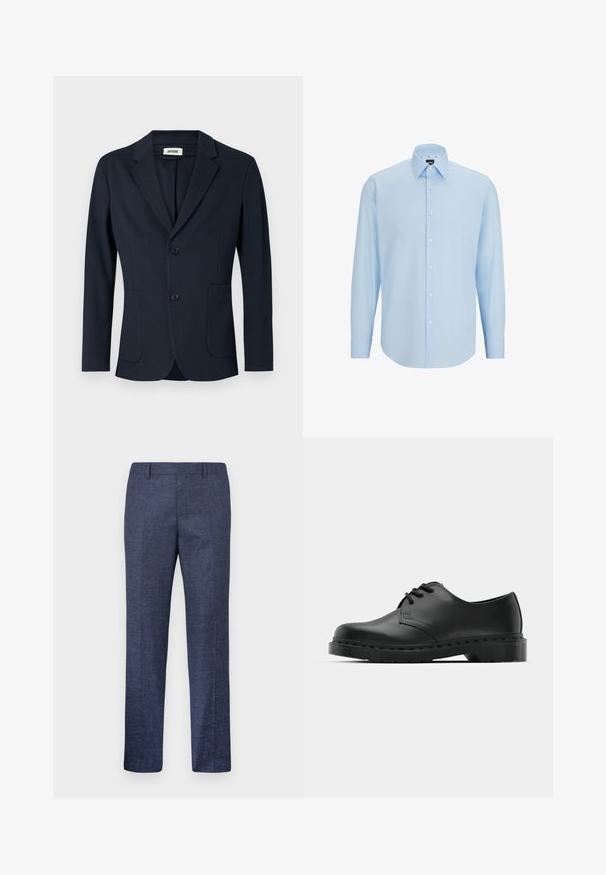 Marineblauwe op maat gemaakte blazer met gekapte revers, twee voorzakken en twee knopen. Kenmerkt zich door een gladde stof en een gestructureerde pasvorm.; Lichtblauw overhemd met lange mouwen, gemaakt van gladde stof, met een knoopsluiting aan de voorkant, een puntkraag en een reguliere pasvorm.; Navyblauwe broek van een gestructureerde stof, met rechte pijpen, een vlakke voorkant en twee zijzakken. Geen zichtbare patronen of accenten.; Zwarte leren oxford schoenen met vetersluiting, ronde neus, platte rubberen zool en subtiele stiksel details langs het bovenwerk.