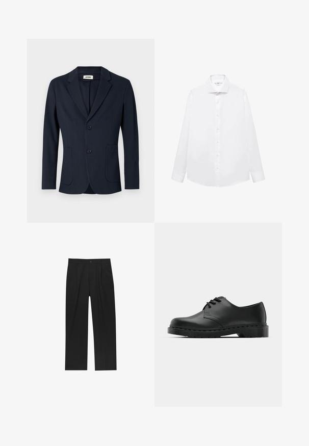 Zadovoljni blazer mornarsko modre barve z zavihki, dvema sprednjima žepoma in dvema gumboma. Ima gladko tkanino in strukturiran kroj.; Bela dolga srajca iz gladkega bombaža, z obrobljenim ovratnikom, sprednjim zapiranjem na gumb in ravnim robom.; Črne hlače z ravnim krojem, narejene iz gladkega materiala. Imajo sprednje gube in enojno zaponko na pasu.; Črne usnjene oksford čevlje z vezalkami, zaobljenim prstom, ravnim gumijastim podplatom in diskretnim šivanjem po zgornjem delu.