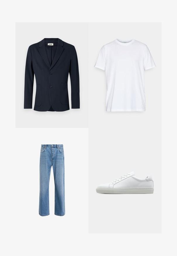 Navy blazer made from smooth fabric, featuring a notched lapel, two buttons, and two front pockets. Simple, tailored design.; White cotton t-shirt with short sleeves, round crew neckline, and a relaxed fit. Features minimalistic design, no patterns or accents.; Light blue denim jeans with a straight-leg design, five pockets, button closure, minimal fading, and contrasting stitching details.; White sneaker with a smooth leather upper and a low profile. Features a rounded toe, six eyelets, and a textured rubber sole.
