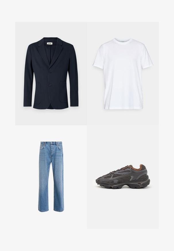 Granatowa dopasowana marynarka z wyłogami, dwoma przednimi kieszeniami i dwoma guzikami. Posiada gładki materiał i dobrze zbudowany krój.; Biała bawełniana koszulka z krótkim rękawem, okrągłym dekoltem i luźnym krojem. Posiada minimalistyczny design, bez wzorów ani akcentów.; Jasnoniebieskie dżinsy o prostym kroju, pięć kieszeni, zapięcie na guzik, minimalne blaknięcia i kontrastowe wykończenia szwów.; Sneakers Lacoste w ciemnoszarym kolorze, wykonane z siateczki i materiału syntetycznego, z teksturowaną podeszwą oraz brązowymi akcentami na kołnierzu i logotypie.
