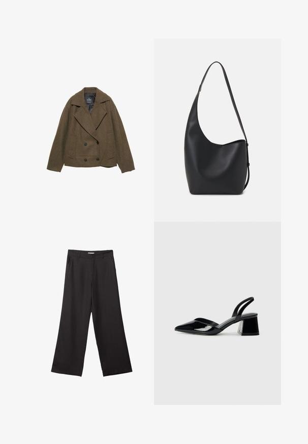 Veste double boutonnage en mélange de laine marron avec larges revers, deux poches latérales et boutons noirs. Doublure intérieure lisse. Coupe boxy.; Pull en tricot noir à manches longues avec épaules rembourrées et poignets et ourlet côtelés, présenté sur un fond blanc.; Pantalons larges noirs en tissu lisse, dotés d'une fermeture éclair à l'avant et de deux poches latérales, avec une coupe ajustée et un design minimaliste.; Escarpins en cuir verni noir avec bout pointu et talon bloc géométrique. Présente un design élégant et minimaliste ainsi qu'une texture lisse.; Sac hobo en cuir noir avec une texture lisse, une forme incurvée et une seule sangle réglable ; dispose d'une large ouverture en haut.