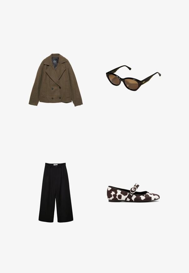 Brown wool-blend double-breasted jacket with wide lapels, two side pockets, and black buttons. Smooth interior lining. Boxy cut.; Brown knit pullover with a high neckline, dropped shoulders, and wide cuffs. Soft texture and cropped design.; Black wide-leg trousers with a high waist, pleated front, and button closure. Made from smooth fabric with a tailored design.; Ballet flat in white and brown cow print fur, featuring a round toe and a strap with a circular buckle detail. Flat sole.; Black cat-eye sunglasses with brown lenses. Textured gold hardware on arms. Smooth plastic frame with a glossy finish.