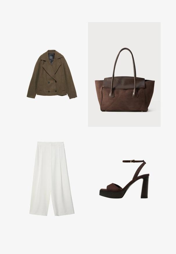 Bruine wolmix dubbelzijdige jas met brede revers, twee zijzakken en zwarte knopen. Glad binnenvoeringsmateriaal. Boxy snit.; Donkerbruin gebreide trui met een ronde halslijn, verlaagde schouders, ribbelmanchetten en -zoom, met een zachte textuur en een ontspannen pasvorm.; Witte, wijde, cropped broeken met een gladde textuur, met een platte voorkant en zonder zichtbare sluitingen of zakken.; Bruine suède high-heeled sandaal met een open teen, verstelbare enkelband en een gestreepte plateauzool.; Bruine suède tote bag met een gestructureerd ontwerp, een gladde leren afwerking, verlengde handvatten en subtiele contrasterende stiksels.