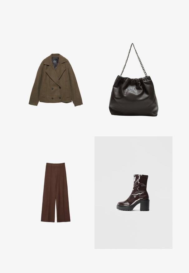 Bruine wolmix dubbelzijdige jas met brede revers, twee zijzakken en zwarte knopen. Glad binnenvoeringsmateriaal. Boxy snit.; Donkergrijze top met korte mouwen en een bootnek. Gemaakt van ribbelstof, met een relaxte pasvorm en een nette zoom. Eenvoudig ontwerp, geen patronen.; Bruine wijde broek van zacht materiaal, met een hoge taille, verticale naaddetails en een gladde textuur.; Glanzende bordeauxrode enkelboot met een chunky zwarte hak, met een gladde textuur en een eenvoudig ontwerp. Geen zichtbare sluitingen of patronen.; Bruine leren tas met een geplooide bovenkant en een kettinghengsel. Glad textuur met een glanzende afwerking en subtiele naaddetails aan de zijkanten.