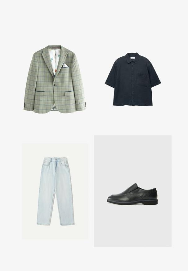 Next TRIMMED - REGULAR FIT - Giacca elegante - green; Camicia a maniche corte di colore blu scuro, realizzata in tessuto leggero, con taschino sul petto e colletto classico.; Jeans in denim azzurro chiaro con una vestibilità comoda, design a gamba dritta, stile a cinque tasche e leggere sfumature sul tessuto.; Scarpa nera in pelle con inserto scivolare, superiore liscio, dettagli cuciti, punta arrotondata e tacco in gomma basso. La suola presenta un battistrada minimale.