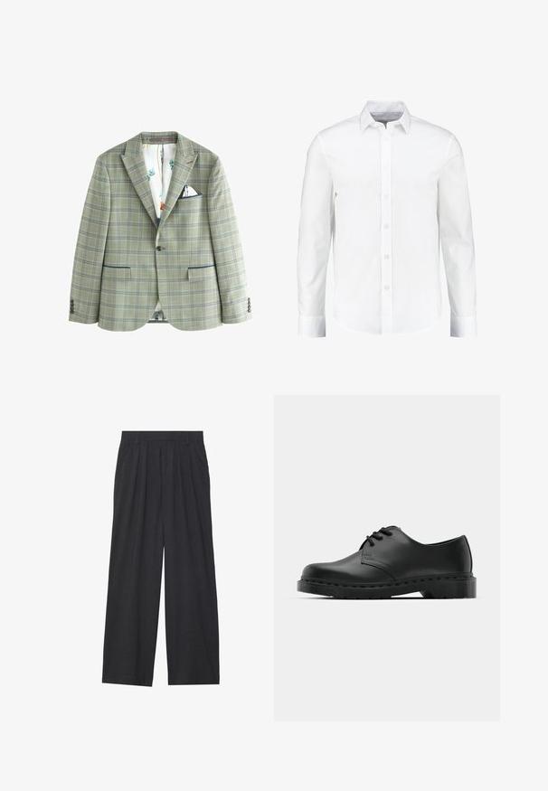 Next TRIMMED - REGULAR FIT - Sacou de costum - green; Cămașă albă cu mânecă lungă, din bumbac neted. Prezintă un guler clasic și închidere cu buton în față, având un tiv drept.; Pantaloni largi dintr-un material gri închis. Prezintă pliuri la talie, un design ajustat și o siluetă dreaptă.; Shoe oxford din piele neagră, cu sistem de închidere cu șireturi, vârf rotunjit, talpă plată din cauciuc și detalii de cusătură subtile pe partea superioară.