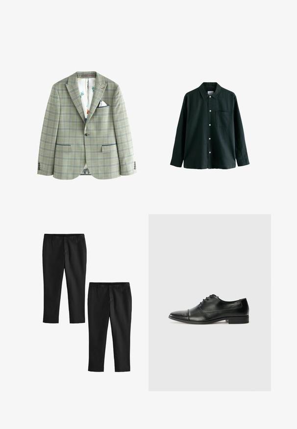 Next TRIMMED - REGULAR FIT - Chaqueta de traje - green; Camisa de botón de color verde oscuro con cuello, mangas largas y un bolsillo en el pecho; cuenta con botones blancos y una textura suave.; Pantalones negros a medida con una textura suave, que presentan un diseño de pierna recta y una cintura de altura media. Se muestran dos pares, uno de ellos cortos.; Zapato de vestir de cuero negro con punta afilada, cordones y detalles de costura sutiles. Presenta un tacón bajo y un acabado brillante y suave.