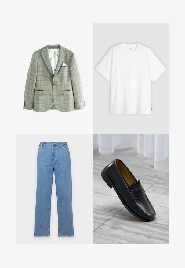 Next TRIMMED - REGULAR FIT - Kostiuminis švarkas - green; Baltas trumpas rankovės marškinėlis, pagamintas iš medvilnės, su apvalia iškirpte. Priekyje yra subtilus iškilus logotipas ir raudonas etiketas ant apačios.; Šviesiai mėlyni džinsai tiesia kojelė su klasikinio penkių kišenių dizainu, su priekiniu mygtuko užsegimu ir diržo kilpelėmis. Lygus paviršius.; Juodi odiniai loaferiai su lygia apdaila, puikuojantys dekoratyvine siuvinėjimo technika ir pakeltu akcentu ant priekio, padėti ant marmurinio paviršiaus.