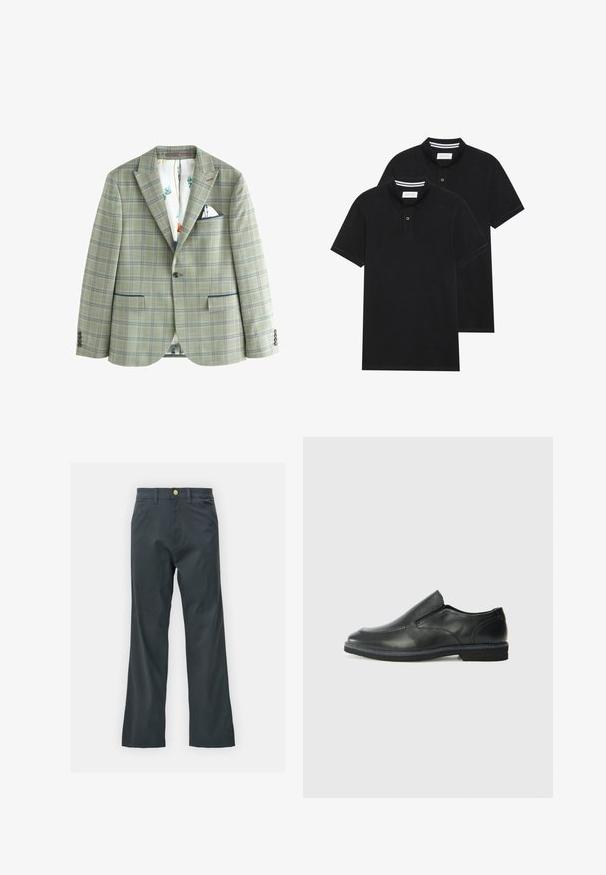 Next TRIMMED - REGULAR FIT - Uzvalka žakete - green; Divas melnas polo krekli, īsām piedurknēm, no kokvilnas materiāla, ar klasisku apkakli, divu pogu aizdari un balti svītroti akcenti apkakles iekšpusē.; Melnas bikses ar taisnu kāju griezumu, izgatavotas no kokvilnas maisījuma auduma. Tām ir metāla pogas aizdare un sānu kabatas. Nav redzamu rakstu.; Melnas ādas slip-on kurpes ar gludu augšdaļu, izšūtām akcentiem, noapaļotu purngala daļu un zemu gumijas papēdi. Zole ar minimālu rakstu.