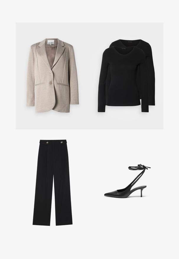 Šviesiai pilkas herringbone modelio švarkas su minkštu paviršiumi, su įpjovomis apykaklėmis, dviem mygtukais ir šoninėmis kišenėmis. Viduje pamušalas vienos spalvos.; Du į juodas ilgomis rankovėmis marškiniai su V formos iškirpte, pagaminti iš minkštos, tamprios medžiagos, rodantys lygią tekstūrą ir prigludusią formą.; Juodi plačios kojos kelnės su aukštu liemeniu, sagų detalėmis ant liemens ir priekinėmis raukšlėmis.; Juodas odinis stiletto batelis su smailiu nosiu, atvira nugara ir užrištomis kulkšnies juostelėmis. Plonas 3 colių kulnas. Lygi tekstūra, minimalistinis dizainas.