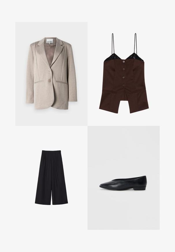 Svetlo sivi blazer v ribji kost, mehak na otip, s pokrovnimi klapnicami, dvema gumboma in stranskima žepoma. Podloženo notranjost v enotni barvi.; Rjava prilegajoča majica z čipkastim robom, spaghetti naramnicami in petimi sprednjimi gumbi; ima razporek na dnu in prilagojen dizajn.; Črne široke hlače s ploščami, izdelane iz gladkega materiala. Imajo visok pas in čist, natančen kroj.; Črne usnjene balerinke s špičastim nosom, rahlo dvignjenim peto in gladko površino. Preprost dizajn brez vidnih dodatkov ali vzorcev.