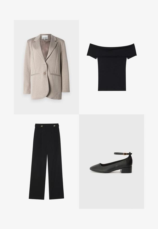 Ανοιχτό γκρι σακάκι σε σχέδιο ψαροκόκαλο με απαλή υφή, με περασμένα γιακά, δύο κουμπιά και πλαϊνές τσέπες. Επενδυμένο εσωτερικό σε μονόχρωμο σχέδιο.; Μαύρο τοπ με ανοιχτούς ώμους, κατασκευασμένο από μαλακό ελαστικό ύφασμα. Διαθέτει κοντά μανίκια και κοντή σιλουέτα. Απλός, χωρίς ραφές σχεδιασμός.; Μαύρο παντελόνι φόρμας σε φαρδιά γραμμή με ψηλή μέση, κουμπιά στη μέση και πλαϊνές τσέπες.; Μαύρο δερμάτινο τακούνι με μυτερή μύτη και χαμηλό τετράγωνο τακούνι. Διαθέτει λουράκι στον αστράγαλο με χρυσό τόνο πόρπη. Λείο υφή.