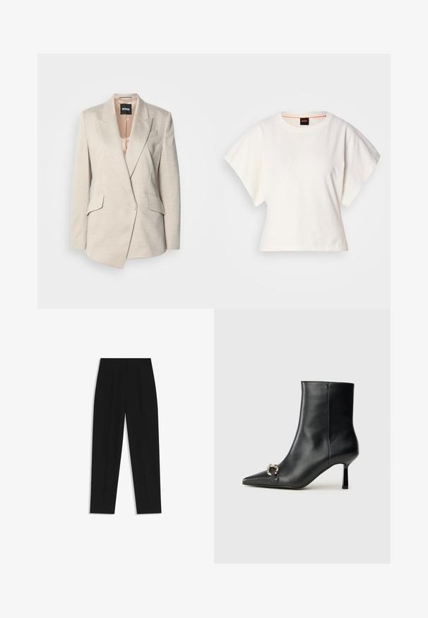 Beige tailored blazer made of textured fabric with a single-button closure, notched lapels, and two front pockets. Satin lining in the interior.; White cropped T-shirt, short wide sleeves, soft cotton material, round neckline with subtle orange trim, minimal design, no patterns or graphics.; Black trousers with a straight fit, featuring double pleats, a smooth texture, and a classic waistband design. No visible hardware or accents.; Black leather ankle boot with pointed toe, slim mid-height heel, and silver buckle detail on side against plain background.
