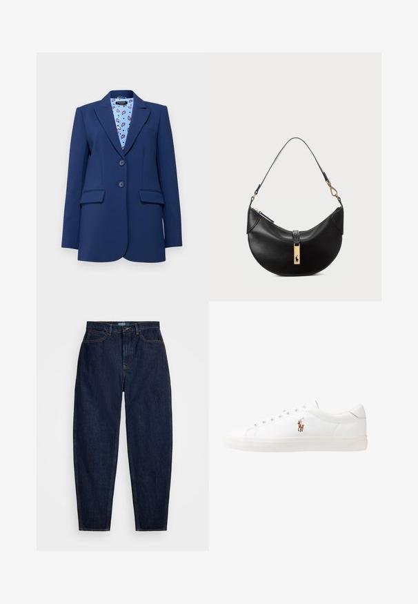 kate spade new york AVREY - Bleizeris - french navy; Balta ilgomis rankovėmis maikutė su apykakle, pagaminta iš medvilnės. Sudėtyje yra mažas siuvinėtas logotipas kairėje krūtinės pusėje.; Tamsiai mėlynos džinsinės kelnės su tiesiu kirpimu, su oranžinėmis siūlėmis, priekyje užsegamos mygtuku ir turinčios penkias kišenes.; Baltos odinės sportbačiai, žemo profilio, su lygia tekstūra, apvalia nosimi, raištelių sistema priekyje ir mažyte siuvinėta logo šone.; Juodos odos rankinė pusmėnulio forma. Papuošta auksinėmis detalėmis ir siaura juosta. Lygi tekstūra, užtrauktuko uždarymas viršuje.