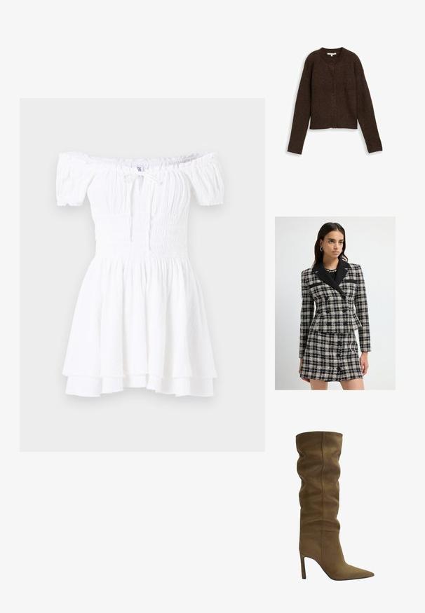 Černobílý kostkovaný oblek s dvouřadým sakem a sukní. Obsahuje černý klopový límec, velké knoflíky a tkanou strukturu.; Hnědý žebrovaný cardigan s kulatým výstřihem, dlouhými rukávy a pěti knoflíky vpředu. Měkká textura a zkrácený střih.; Bílé šaty bez ramínek se smockovaným korzetem, krátkými nabíranými rukávy a vrstveným volánkovým lemováním. Vyrobené z lehké, strukturované tkaniny.; Olive green semišové vysoké boty po kolena s špičatou špičkou, uvolněným designem svršku a stiletto podpatkem, s viditelnými švy.; Hnědá semišová taška přes rameno se strukturovaným designem, hladkými koženými akcenty, dlouhými ušima a jemným kontrastním prošíváním.