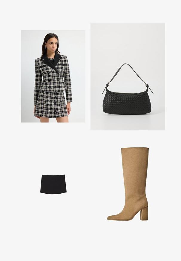 Czarno-biała kostka w kratę z podwójnym zapięciem marynarki i spódnicy. Posiada czarny klapowany kołnierz, duże guziki oraz tkany wzór.; Czarna bluzka z długim rękawem o fakturowanym, siateczkowym wzorze, z szerokim dekoltem okrągłym i zapięciem na wiązanie z tyłu.; Czarna mini spódnica wykonana z gładkiego, elastycznego materiału; ma prosty krój z subtelnym dołem i bez widocznych zapięć czy wzorów.; Karmowe zamszowe botki do kolan na słupku, z ostrym noskiem i gładką fakturą. Minimalistyczny design bez ozdób.; Czarna, pleciona torba na ramię z gładkim skórzanym paskiem i zapięciem na zamek. Charakteryzuje się teksturowaną powierzchnią i zakrzywionym kształtem.