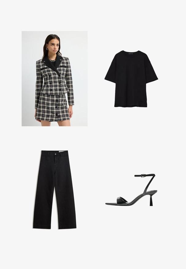 Černobílý kostkovaný oblek s dvouřadým sakem a sukní. Obsahuje černý klopový límec, velké knoflíky a tkanou strukturu.; Černé bavlněné tričko s volným střihem, krátkými rukávy, zaobleným výstřihem a hladkou texturou. Bez viditelných vzorů nebo akcentů.; Černé denimové kalhoty s volným střihem a vysokým pasem, vybavené předními a zadními kapsami, prošívanými švy a knoflíkovým zapínáním. Hladká textura.; Bershka Sandály na vysokém podpatku - black