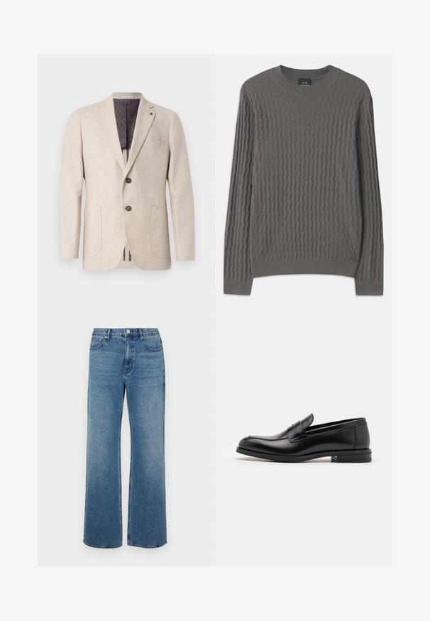 Blazer di lino beige con due tasche anteriori, due bottoni, revers a punta e foderato in un motivo grigio scuro. Design pulito e tessuto testurizzato.; Armani Exchange Maglione - dark gull zig zag; Jeans a gamba larga blu in denim con una finitura sbiadita. Presentano cinque tasche, una chiusura con bottone frontale e una vestibilità dritta.; Mocassini neri in pelle con una texture liscia, punta arrotondata e una striscia decorativa sulla tomaia. Tacco basso impilato, design minimalista.