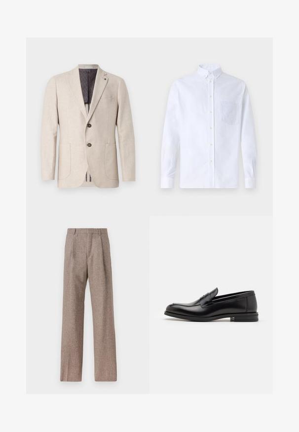 Bežinis lininis bleizeris su dviem priekinėmis kišenėmis, dviem mygtukais, išpjautomis atlapomis ir raštuota tamsiai pilka pamušalu. Švarus dizainas ir tekstūruota medžiaga.; Balta ilga rankovė mygtukų marškiniai, pagaminti iš medvilnės, su krūtine kišene ir toniniu siuvinėjimu, apykakle ir mygtukų apvadu.; Rudos, aukšto liemens kelnes, pagamintas iš tekstūruotos medžiagos. Plati kojos, dvi priekinės klostės struktūrai. Tvarkingas apdailos darbai, be matomų detalių.; Juodos odinės loafers, turinčios lygų paviršių, apvalią noselę ir dekoratyvinę juostą per priekinę dalį. Žemas krentantis kulnas, minimalistinis dizainas.