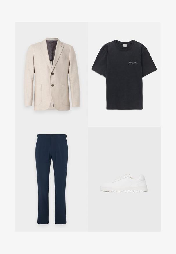 Beige linen blazer with two front pockets, two buttons, notched lapels, and a patterned dark gray lining. Clean design and textured fabric.; Black short-sleeve crew neck t-shirt with small white "Filling Pieces" text logo on the left chest.; Navy trousers made of smooth fabric, featuring a straight leg design, belt loops, and a single button closure. Minimalist style with no patterns.; White sneaker with a smooth leather upper, rounded toe, laces, textured side accents, and a thick rubber sole. Minimalist design.