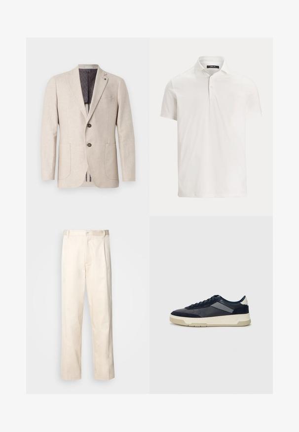 Blazer din in bej, cu două buzunare frontale, două nasturi, rever crestat și o căptușeală cu model în gri închis. Design curat și țesătură texturată.; Tricou polo alb pentru bărbați cu mâneci scurte, cu guler, doi nasturi și o etichetă cu logo subtilă pe partea interioară a gulerului.; Pantaloni din bumbac bej, cu croială dreaptă, dotati cu închidere cu nasture și pliuri în față pentru un plus de detaliu.; BOSS BALTIMORE - Sneakers low - open blue