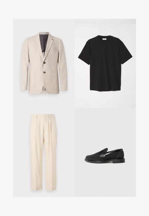 Blazer di lino beige con due tasche anteriori, due bottoni, revers a punta e foderato in un motivo grigio scuro. Design pulito e tessuto testurizzato.; T-shirt in cotone nero con colletto a girocollo, maniche corte e vestibilità comoda. Design semplice, texture liscia e senza motivi o loghi visibili.; NN.07 KAY - Pantaloni - off white; Scarpa nera a mocassino intrecciata con un accentuato in pelle liscia sulla parte superiore, design a punta rotonda e suola in gomma a profilo basso.