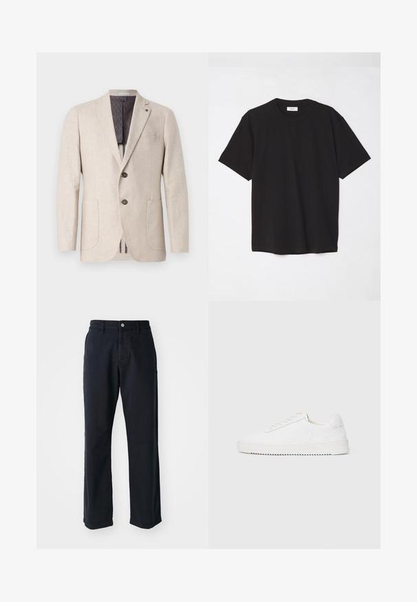 Blazer di lino beige con due tasche anteriori, due bottoni, revers a punta e foderato in un motivo grigio scuro. Design pulito e tessuto testurizzato.; T-shirt in cotone nero con colletto a girocollo, maniche corte e vestibilità comoda. Design semplice, texture liscia e senza motivi o loghi visibili.; Pantaloni in cotone blu navy con design a gamba dritta, dotati di chiusura frontale con bottone e due tasche laterali. Tessuto morbido, senza motivi visibili.; Sneaker bianco con tomaia in pelle liscia, punta rotonda, lacci, accenti laterali testurizzati e suola in gomma spessa. Design minimalista.
