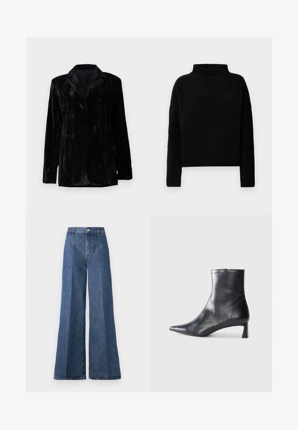 Czarna aksamitna marynarka z teksturą pionowych pasów, z wyłogami, dwoma przednimi kieszeniami i zapięciem na jeden guzik. Dopasowany krój.; Czarny sweter z golfem wykonany z miękkiego materiału, z długimi rękawami i luźnym krojem, z minimalnymi szwami i bez widocznych ozdób.; Szerokie niebieskie dżinsy z wysokim stanem, wyposażone w klasyczny pięciokieszeniowy styl i zapięcie na guzik, wykonane z teksturowanej bawełny.; Czarne skórzane botki sięgające kostki z ostrym noskiem i eleganckim designem. Posiadają niski obcas oraz zamek błyskawiczny z tyłu. Gładka faktura.